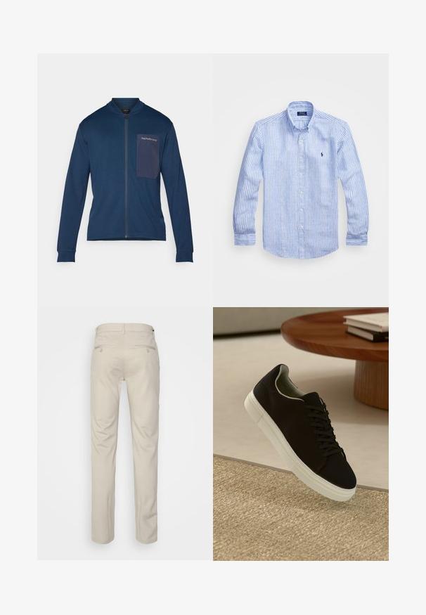 Mornarska zip-up jakna iz mehkega materiala, z dvižno ovratnikom, dolgimi rokavi in žepom s logo detajlom na levem prsnem delu.; Modra in bela prugasta srajca z dolgimi rokavi iz bombaža, s kragnico na gumb, sprednjimi gumbi in majhnim izvezenim logotipom na prsih.; Bež hlače z gladko teksturo, ravnega kroja, dvema zadnjima žepoma z gumbi in standardnim pasom.; Črni športni copat z belim podplatom lebdi nad bež teksturiranim preprogam blizu okroglega lesenega mize z zloženimi knjigami.