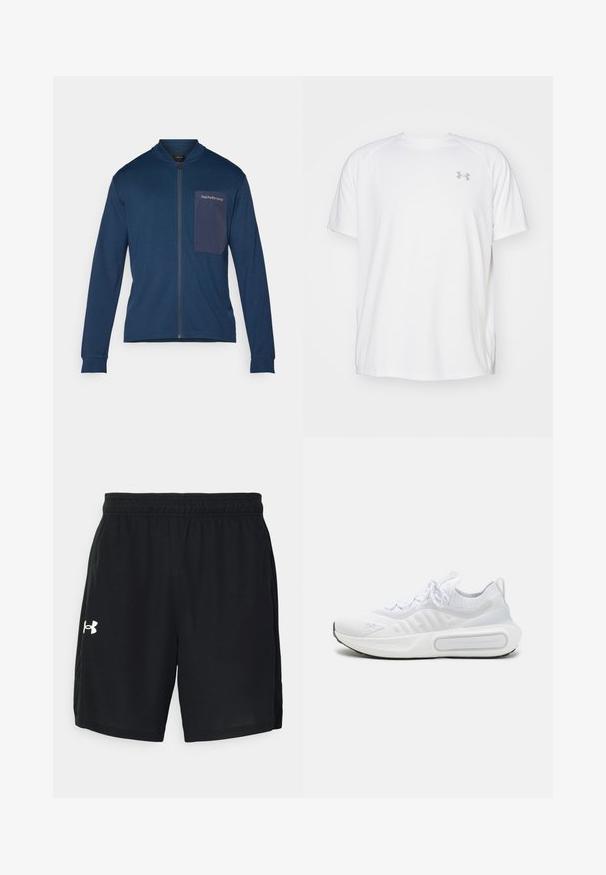 Jachetă cu fermoar de marină, confecționată dintr-un material moale, având guler înalt, mâneci lungi și un buzunar cu clapetă cu detalii ale logo-ului pe partea stângă a pieptului.; Camică sport cu mânecă scurtă, de culoare albă, fabricată dintr-un material neted. Dispune de un guler tip crew și un logo gri pe pieptul stâng, cu slituri laterale la tiv.; Șorturi atletice negre, dintr-un material ușor, cu un tiv elastic și un logo alb pe partea stângă.; Pantof sprețin albe cu un superior din tricot texturat, sistem de închidere cu șireturi, talpă cu amortizare și un detaliu distinctiv de branding pe lateral.