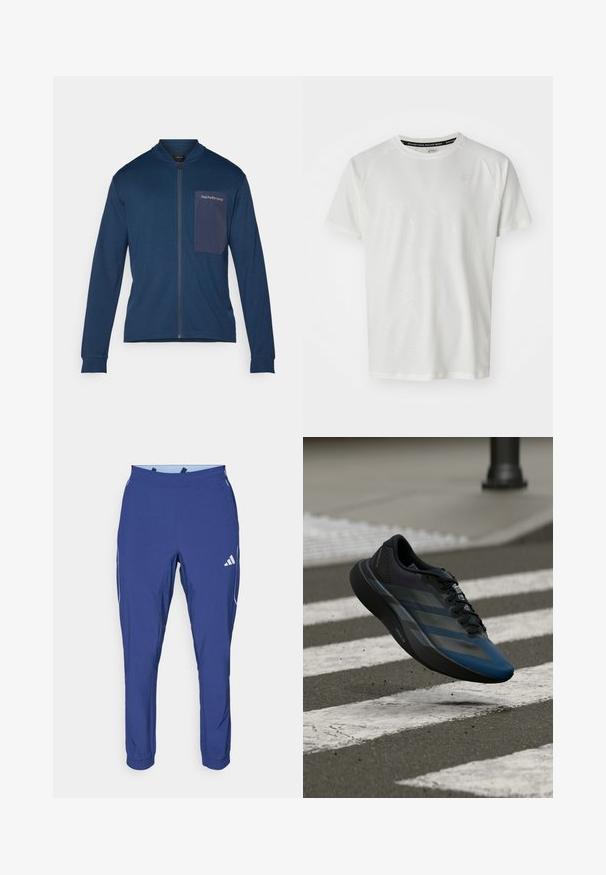 Námořnická zipová bunda vyrobená z měkké tkaniny, s stojáčkovým límcem, dlouhými rukávy a náprsní kapsou s logem na levé hrudi.; ASICS GAME - Jednoduché tričko - cream; adidas Performance TECH APP - Teplákové kalhoty - dark blue/glow blue; Černá a modrá sportovní obuv s aerodynamickým designem, s texturovaným svrškem, kontrastními pruhy a polstrovanou podešví, visící nad chodníkem.