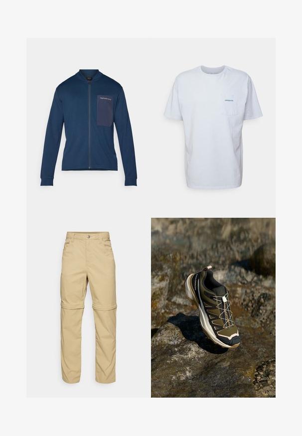 Navy zip-up jacket made of soft fabric, featuring a stand collar, long sleeves, and a patch pocket with logo detail on the left chest.; White cotton t-shirt with short sleeves, round neck, and a left chest pocket featuring a blue "Patagonia" logo. Classic fit with a smooth texture.; Beige zip-off pants with a smooth texture, featuring two side pockets, a button closure, and roll-up cuffs for versatility.; Hiking shoe in olive green and black with pink accents. Features a textured upper, flexible sole, reinforced toe cap, and colorful lacing system.