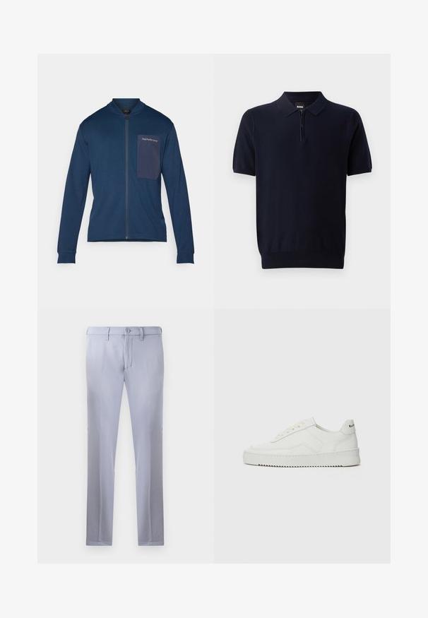 Marineblaue Zip-Jacke aus weichem Stoff, mit Stehkragen, langen Ärmeln und einer aufgesetzten Tasche mit Logo auf der linken Brust.; Marineblaues Poloshirt aus gestricktem Stoff mit kurzem Reißverschluss-Hals, kurzen Ärmeln und einem taillierten Saum. Es hat eine dezente Struktur.; Helle graue, maßgeschneiderte Hose aus glattem Stoff, mit Knopfverschluss, Gürtelschlaufen und geradem Bein. Keine sichtbaren Taschen.; Weiße Ledersneaker mit glatter Oberfläche, runder Zehenpartie, flachen Schnürsenkeln und strukturiertem Sohlenprofil. Mit einem dezenten Logo an der Ferse.