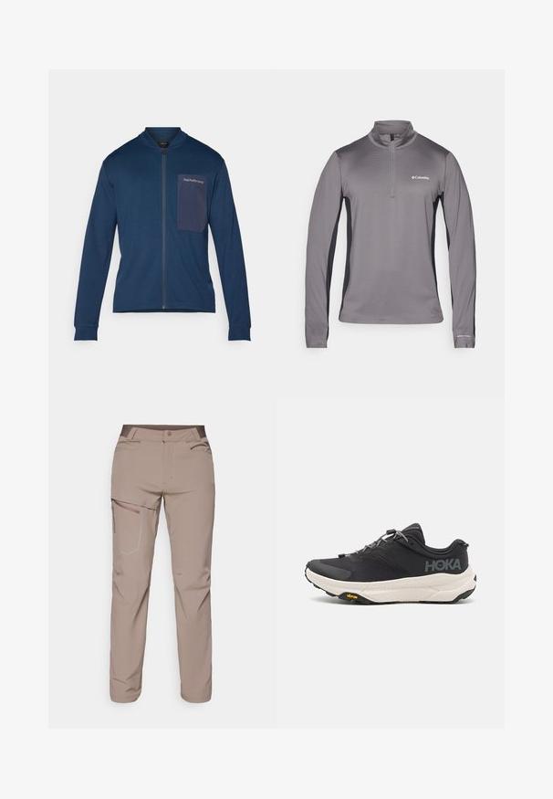 Navy zip-up jack met zacht materiaal, met een staande kraag, lange mouwen en een patchzak met logo-detail op de linkerborst.; Grijze lange mouwen pullover met halve ritssluiting, textuur stof, contrasterende zwarte zijpanelen en klein logo op de borst.; Salomon WAYFARER PANTS - Outdoorbroeken - iron; Zwarte sportschoen met een gestructureerde bovenkant, grijze accenten, reflecterende details en een dikke witte zool met Vibram-logo.