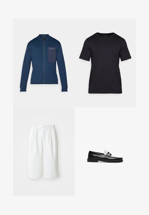 Casaco azul-marinho com fecho éclair, feito de tecido suave, apresentando um colarinho alto, mangas longas e um bolso com aba com detalhe do logotipo no lado esquerdo do peito.; T-shirt preta feita de tecido liso, com decote redondo e mangas curtas. Logotipo discreto impresso em preto no peito.; Calções brancos com cintura elástica e cordão, apresentados sobre um fundo claro e liso. Adequados para usar de forma casual ou em climas quentes.; Mocassim em couro preto e branco com acabamento brilhante, apresentando uma sola plana, detalhes costurados e uma faixa decorativa na parte superior.