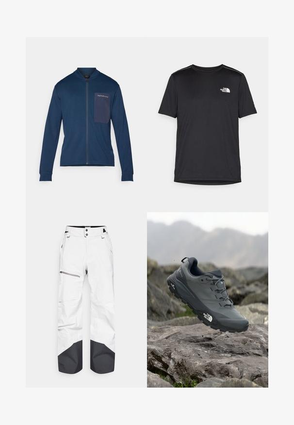 Navy zip-up jacket made of soft fabric, featuring a stand collar, long sleeves, and a patch pocket with logo detail on the left chest.; Black short-sleeve T-shirt made from lightweight fabric. Features a small white logo on the left chest and subtle shoulder accents.; White snow pants with black accents at the hem, featuring a zippered thigh pocket and snap closure. Made of weather-resistant material.; Grey trail running shoe with a textured upper, durable rubber sole, and reinforced toe cap. Features laces and brand logo on the side.