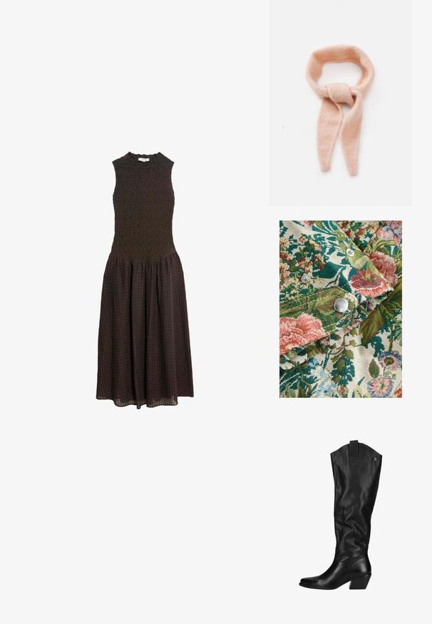 Bloemmotiefstof met rijke tinten groen, roze en blauw; inclusief zilveren drukknoopjes en een textuurweefsel.; Mouwloze midijurk in donkerbruin met een getextureerd nauwsluitend lijfje en een geplooide geruite rok op een witte achtergrond.; Zwarte leren kniehoge laarzen met een licht gestructureerde afwerking. Kenmerken zijn een puntige neus, een blokhak en een logo-accent aan de bovenkant.; Lichtroze gebreide sjaal, zachte textuur, lussenontwerp met verlengde uiteinden, met een geknoopt detail in het midden.