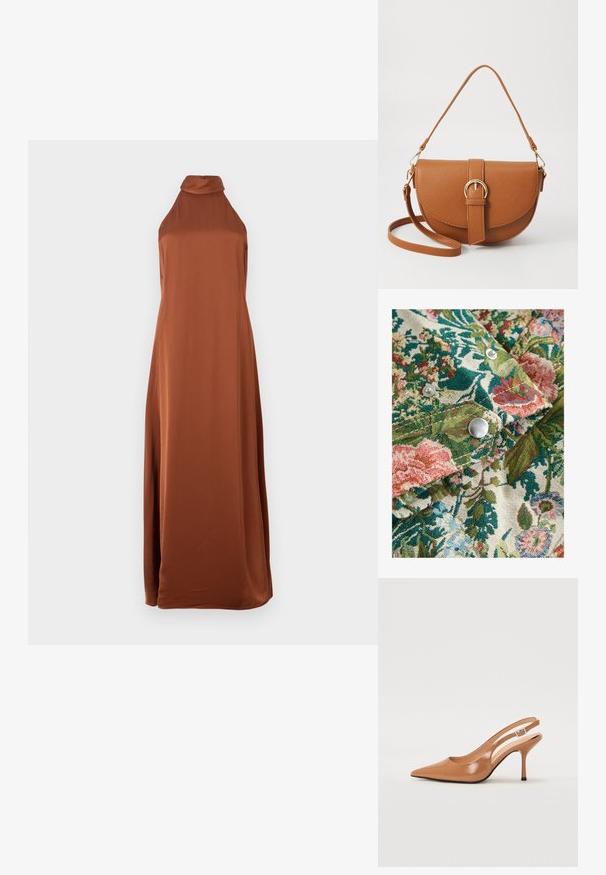 Kukallinen kangas, jossa on runsaasti vihreitä, vaaleanpunaisia ja sinisiä sävyjä; mukana hopeiset nepparit ja teksturoitu kudonta.; Hamezonnī, pānāki nei sātina kleita ārdūnas krāsā ar augstu izveidojuma kaklu un gludu, plūstošu siluetu.; Korkokenkä, jossa on terävä kärki ja avonainen kanna, valmistettu sileästä, kiiltävästä ruskeasta materiaalista. Sisältää kaarevan leikkuun muotoilun ja hoikan stilettokannan. Hopeinen solkiyksityiskohta.; Ruskean nahkainen olkalaukku, jossa on kaareva muoto, kultaiset yksityiskohdat ja solkiyksityiskohta. Varustettu irrotettavalla olkahihnalla.