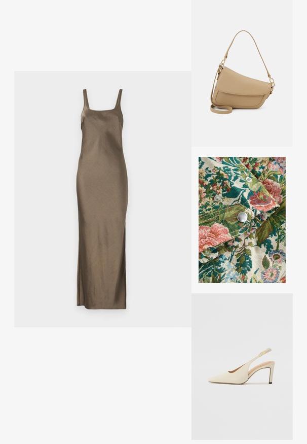 Ziedu raksts uz auduma ar bagātīgām zaļām, rozā un zilām krāsām; iekļautas sudraba poga un teksturēts audums.; Brūnas satīna slīdējošās kleitas ar plānām siksniņām, kurai ir taisna apakša un sānu iegriezums, izceļot gludu, spīdīgu tekstūru.; Beige ādas slingback zābaki ar norādītu pirkstu, atvērtu sānu dizainu un šauru augstu papēdi. Satur zelta akcentu uz jostas.; Even&Odd Rokassoma - beige