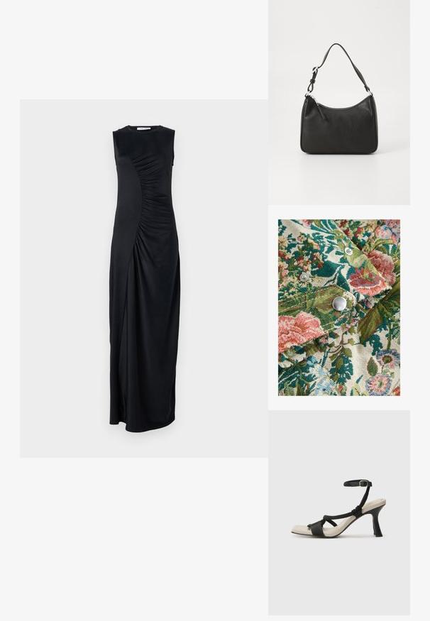Gėlėmis raštuotas audinys su sodriomis žaliąsias, rožinėmis ir mėlynomis atspalviais; jame yra sidabriniai spaudimo mygtukai ir tekstūruota audimo struktūra.; Juoda be rankovių maksi suknelė su apdrabsto šonu, pagaminta iš lygios medžiagos; turi apvalų iškirpimą ir aptemptą siluetą.; Juodų aukštakulnių sandalų su pintu dirželiu dizainas, kvadratine nosimi ir reguliuojamu kulkšnies dirželiu. Šviesiai bežė padas su blizgiu juodu kulnu.; Juoda odinė rankinė su išlenkta forma, viena dirželiu, užtrauktuko uždarymu ir subtiliu ženklinimu priekyje. Lygus paviršius, minimalistinis dizainas.
