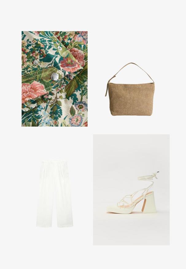 Tessuto a fiori con ricchi toni di verde, rosa e blu; include bottoni a scatto argentati e una trama texturizzata.; Maglietta a maniche corte marrone realizzata in tessuto morbido, con scollatura rotonda e vestibilità rilassata. Nessun motivo o dettaglio visibile.; Pantaloni bianchi a gamba larga realizzati in un tessuto leggero, con una parte anteriore piatta, pieghe e una cintura, che offrono una vestibilità ampia e ariosa.; Sandalo bianco con tacco alto, caratterizzato da un design a cinturini e un legaccio alla caviglia. Texture liscia con una piattaforma frontale per un'altezza aggiuntiva.; Borsa in pelle beige intrecciata con una singola tracolla, caratterizzata da una forma rettangolare e una superficie testurizzata. Inclusi gli accessori per la regolazione della tracolla.