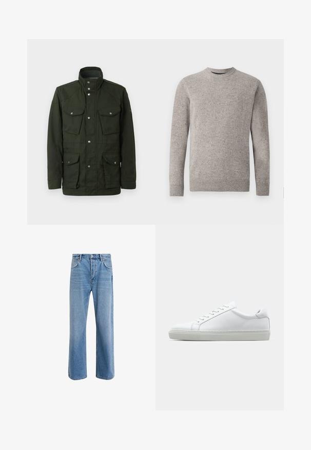 Tmavě zelený, středně dlouhý kabát s vysokým límcem a stříbrnými doplňky. Obsahuje dvě kapsy na hrudi a dvě dolní boční kapsy. Hladká textura.; Svetle šedý pletený svetr s kulatým výstřihem, dlouhými rukávy a žebrovanými manžetami a lemem. Texturovaný vzor s barevnými skvrnami.; Světle modré džínové kalhoty s rovnými nohavicemi, pěti kapsami, zapínáním na knoflík, minimálním vyblednutím a kontrastním prošitím.; Bílé tenisky s hladkým koženým svrškem a nízkým profilem. Mají zaoblenou špičku, šest nýtů a texturovanou gumovou podrážku.