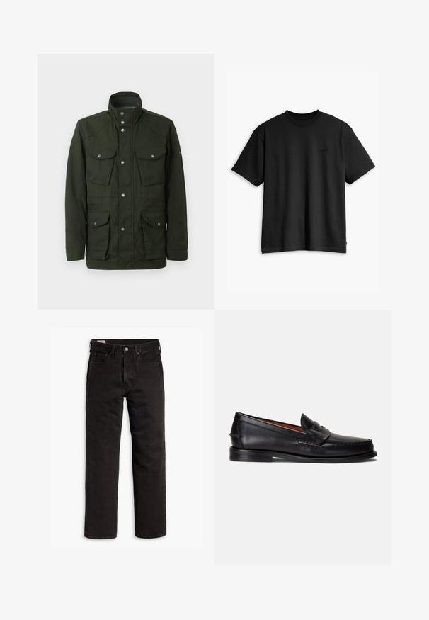 Dunkelgrüne, mittellange Jacke mit hohem Kragen und silbernen Beschlägen. Verfügt über zwei Brusttaschen und zwei niedrige Seitentaschen. Glatte Textur.; Schwarzes Baumwoll-T-Shirt mit rundem Halsausschnitt und kurzen Ärmeln. Verfügt über ein dezentes Logo auf der Vorderseite und einen geraden Saum. Einfaches und minimalistisches Design.; Schwarze gerade Jeans aus Denim mit fünf Taschen, Knopfverschluss und Gürtelschlaufen, flach auf einem weißen Hintergrund ausgelegt.; Schwarze Lederloafer mit glatter Oberfläche, abgerundetem Zehenbereich und dekorativem Riemen über dem Spann. Verfügt über eine flache schwarze Sohle.
