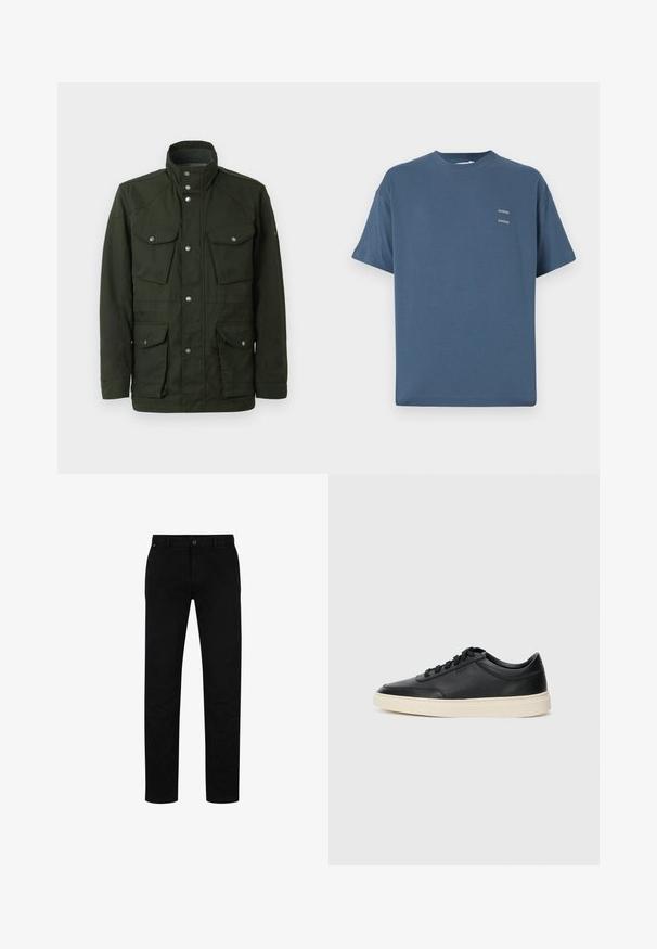 Tumši zaļš, vidēja garuma žakets ar augstu apkakli un sudraba furnitūru. Aprīkots ar divām krūšu kabatām un divām apakšējām sānu kabatām. Gluda tekstūra.; Zilas kokvilnas T-krekls ar klasisku apaļu kaklu, īsām piedurknēm, brīvu piegriezumu un diviem maziem apdrukātiem logo uz krūtīm. Gluda tekstūra.; Melni kokvilnas bikses ar taisnu piegriezumu, kas aprīkotas ar pogu aizdari, jostu cilpām un minimālistisku dizainu. Gluda tekstūra, bez rakstiem.; Melnas zemas ādas sporta kurpes ar melnām auklām un off-white zoli, rādītas no sānu profila uz baltā fona.