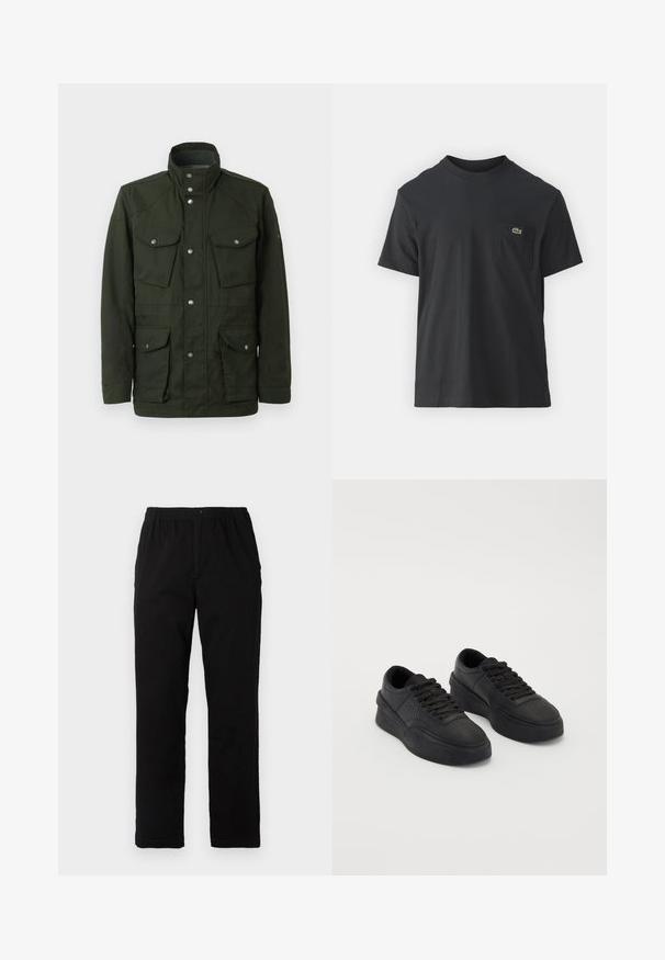 Dark green, mid-length jacket with high collar and silver hardware. Features two chest pockets and two lower side pockets. Smooth texture.; Black cotton t-shirt with short sleeves, round neckline, and a small green logo on the left chest pocket. Simple design, regular fit.; Black pants made of cotton blend fabric, featuring a straight cut, elastic waistband with button, and no visible patterns or accents.; Black sneakers made of smooth leather with a cushioned sole. Features include flat laces, perforations on the toe, and a sleek silhouette.