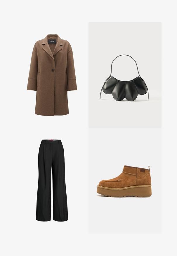 Brauner Wollmantel mit Reverskragen, Ein-Knopf-Verschluss, abgestuften Schultern, zwei Seitentaschen und einer weichen Textur.; Schwarzes Sportoberteil mit langen Ärmeln aus dehnbarem Material, ausgestattet mit einem Viertel-Reißverschlusskragen, seitlichen Taschen und dem "SILENCE"-Logo auf der Brust.; Schwarze weit geschnittene Hose mit maßgeschneidertem Design, mit Falten und einer glatten Stoffstruktur. Klare Linien und keine sichtbaren Beschläge oder Akzente.; Braune Wildleder-Stiefeletten mit runder Zehenform, Plattformsohle und gesticktem Detail. Mit einem Ziehpull-Tab auf der Rückseite für einfaches Anziehen.; Schwarze Lederhandtasche mit einem geschwungenen, muschelförmigen Design, ausgestattet mit einem einfachen Trageriemen und einem Reißverschlussverschluss. Glatte Textur mit genähten Akzenten.