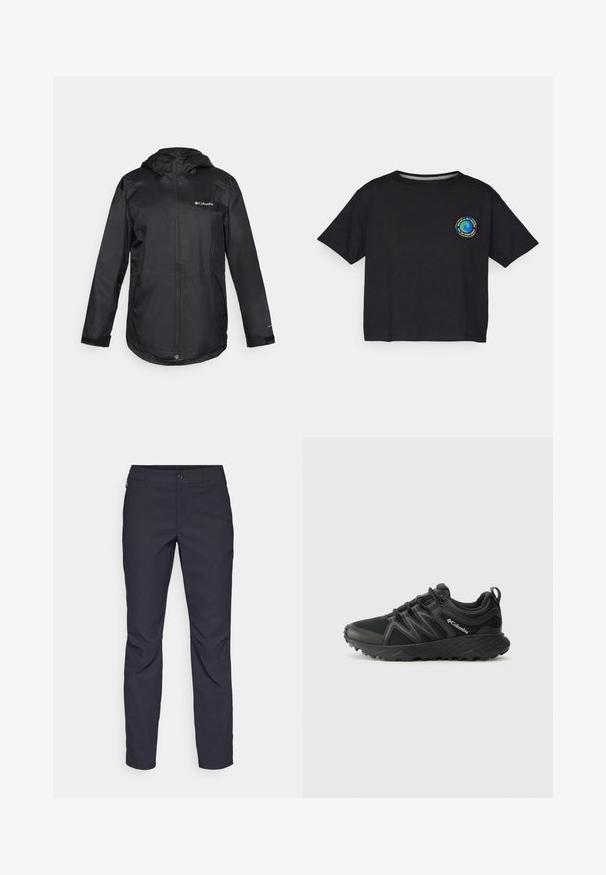 Casaco impermeável preto com capuz, fecho com zíper à frente, punhos elásticos e logótipo no lado esquerdo do peito. Material suave e leve. Corte casual.; T-shirt preto de algodão com mangas curtas, apresentando um logótipo circular multicolorido no peito. Barra reta e ajuste descontraído.; Calças azul-marinho feitas de tecido liso, com fecho frontal em botão, design slim-fit e detalhes pregueados nos joelhos.; Columbia PEAKFREAK - Sapatos de caminhada - black
