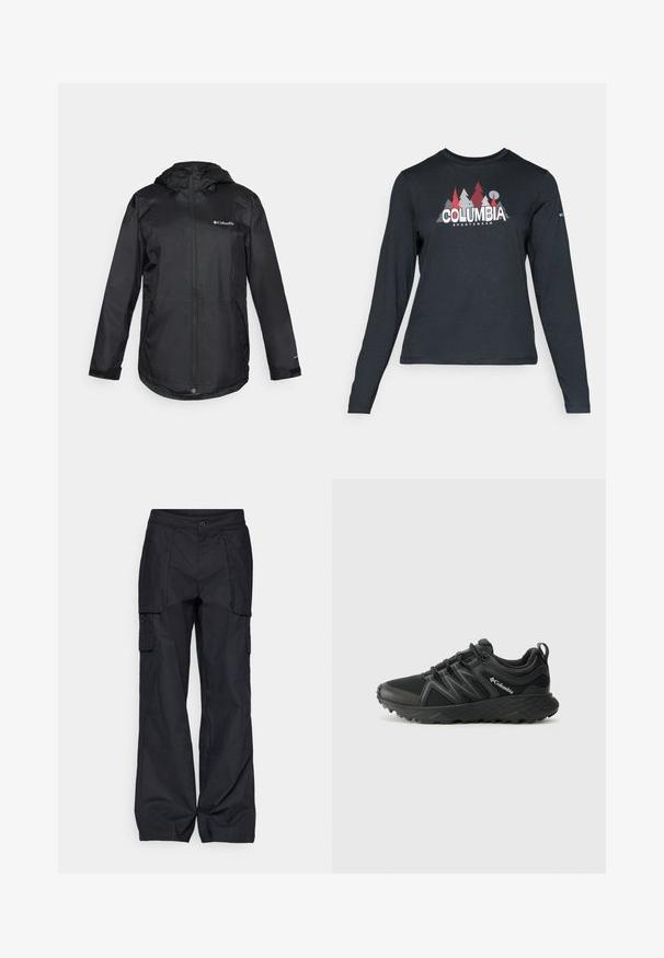 Giacca impermeabile nera con cappuccio, chiusura con zip frontale, polsini elasticizzati e logo sul lato sinistro del petto. Materiale liscio e leggero. Vestibilità casual.; Maglietta a maniche lunghe grigia scura con una grafica di alberi rossi e montagne; logo "COLUMBIA" in caratteri bianchi in grassetto. Tessuto morbido, scollatura a girocollo standard.; Columbia BREA FALLS™ COTTON RIPSTOP PANT - Pantaloni outdoor - black; Columbia PEAKFREAK - Scarpa da hiking - black