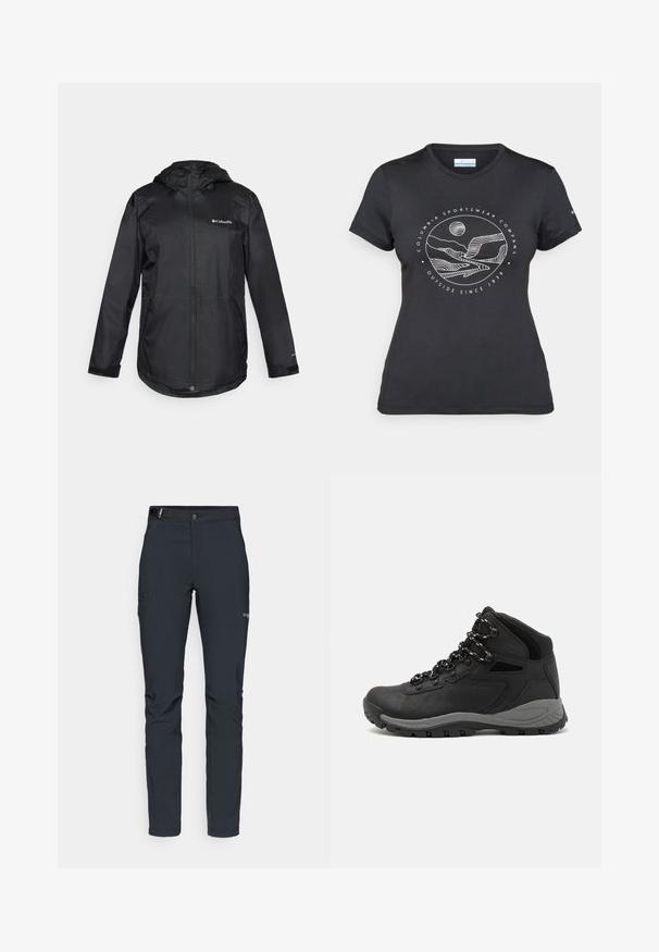 Black waterproof jacket with a hood, zip front, elastic cuffs, and logo on the left chest. Smooth, lightweight material. Casual fit.; Black Columbia t-shirt with white circular mountain and river line art and text "Columbia Sportswear Company Outside Since 1938."; Men's outdoor pants, dark gray, made from flexible material, featuring a belt, zippered pockets, and reinforced stitching.; Black hiking boot with a mid-top design, featuring a textured upper, gray accents, and durable rubber sole with traction lugs.