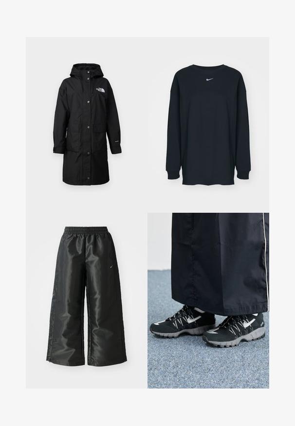 Black, long rain jacket with a hood, two front pockets, snap buttons, and a logo on the chest; made from weather-resistant material.; Black long-sleeve T-shirt made of cotton with a crew neckline. Features a white Nike logo on the chest. Soft texture, simple design.; Black athletic pants with a shiny, smooth fabric, featuring an elastic waistband, wide legs, and a small logo on the left side.; Black athletic shoes with a textured upper, silver accents, and a patterned outsole, paired with a black long garment. Set against blue carpet.