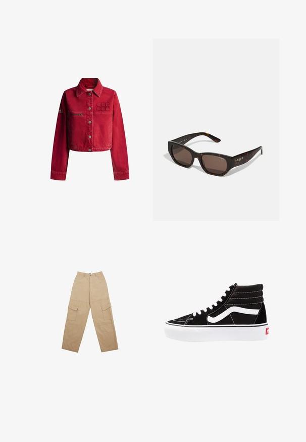 Crvena traper jakna s kratkim krojem, zatvaranjem na dugmad, dva džepa i izvezenim logotipom na grudima. Glatka tekstura i klasični ovratnik.; Košulja dugih rukava s dugim gumbom, svijetloružičaste i bijele prugaste uzorke, s bočnim naborima i podesivim vezicama u struku.; Bež cargo hlače izrađene od tkanine, s dva prednja džepa i opuštenim, širokim krojem. Pojas uključuje kopčanje na dugme i zatvarač.; Crne visoke tenisice s bijelim vezicama, bijelim logotipom i kontrastnim bijelim šavovima. Imaju debeli bijeli potplat i teksturiranu nubuk gornjište.; Naočale od kornjače s pravokutnim smeškim lećama. Sjajni plastični okvir sadrži zlatni "vogue" brend na strani.; Meka mekana smeđa torba hobo stila s jednim širokim remenom i zakrivljenim otvaranjem na vrhu, prikazana na bijeloj pozadini.