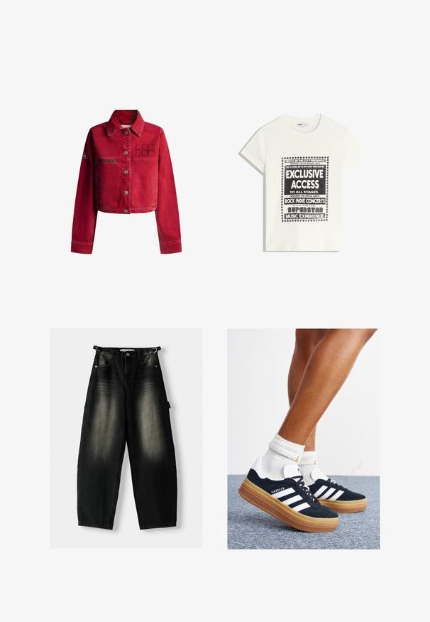 Rdeča jeans jakna s skrajšanim dizajnom, gumbom za zapiranje, dvema žepoma in vezenim logotipom na prsih. Gladka tekstura in klasičen ovratnik.; Bela majica s črnim napisom, ki promovira glasbeni dogodek, z besedami "Ekskluziven dostop," "Rock Indie koncerti" in "Superzvezdniška glasbena izkušnja."; Bage hlače iz črnega denima z bledečo teksturo, pet žepov in zanko na pasu. Oblikovanje ima ohlapno prileganje in ravne hlačnice.; Črni antilop superge z belimi črtami in poudarki, okrogel prst, gumijasti podplat, kombinirane z belimi rebrastimi nogavicami.