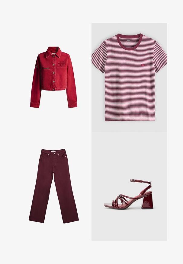 Rode denimjasje met een cropped ontwerp, knoopsluiting, twee zakken en geborduurd logo detail op de borst. Gladde textuur en een standaard kraag.; Gestreepte t-shirt met korte mouwen, voorzien van afwisselende kastanjebruine en witte horizontale strepen, met een ronde halslijn en een klein rood logo op de borst.; Bordeaux hoge taille jeans met een rechte pijpdesign, voorzien van voorzakken, een knoopsluiting en accenten in koperkleurig beslag.; Patent bordeaux gekleurde sandalen met hak en vierkante neus, met meerdere in elkaar verweven banden en een chunky blokhak. Verstelbare enkelband.