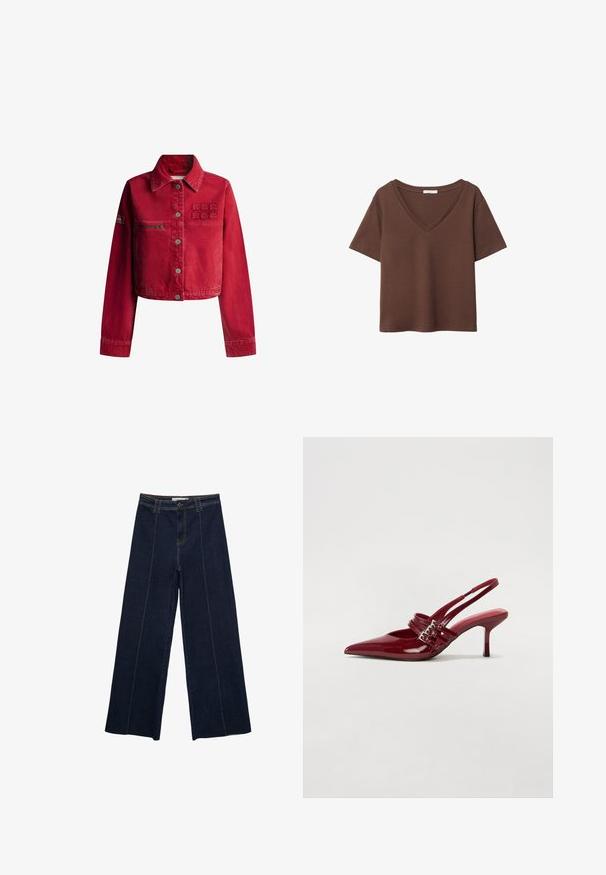 Czerwona dżinsowa kurtka o skróconym fasonie, zapinana na guziki, z dwiema kieszeniami oraz haftowanym logo na piersi. Gładka tekstura i standardowy kołnierz.; Brązowy bawełniany t-shirt z krótkimi rękawami i głębokim dekoltem w kształcie litery V. Prosty design, miękka faktura i prosty krój u dołu. Brak wzorów i akcentów.; Szerokie spodnie z ciemnego denimu z kontrastowym przeszyciem, wysoki stan i prosty krój. Posiadają kieszenie z przodu oraz klasyczne zapięcie na guzik.; Czerwone lakierowane czółenka na klocku z zaokrąglonym noskiem, dwoma paskami z klamrami oraz smukłym, średniej wysokości obcasem w stylu stiletto. Gładka tekstura.