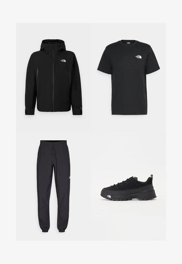 Chaqueta negra con capucha, que presenta un cierre frontal, dos bolsillos laterales con cremallera, puños ajustables y un logo en la parte superior del pecho izquierdo.; Camiseta de algodón negro con mangas cortas, cuello redondo y un pequeño logo blanco en el lado izquierdo del pecho. Diseño simple, textura suave y ajuste relajado.; Pantalones deportivos negros hechos de un tejido ligero, con una cinturilla ajustable, bolsillos laterales y puños ajustados en los tobillos.; Zapatilla negra de exterior con parte superior de ante, suela de goma texturizada y un sólido sistema de cordones. Cuenta con un talón reforzado y el logotipo de la marca en el lateral.