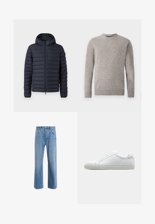 Puffermantel in dunkelblau, mit horizontalen Steppnähten, einer Kapuze, einem Frontreißverschluss und einer Brusttasche mit Reißverschluss.; Hellgrauer gestrickter Pullover mit Rundhalsausschnitt, langen Ärmeln und gerippten Bündchen und Saum. Strukturiertes Muster mit Farbklecksen.; Helle blaue Jeans im Geradeschnitt-Design, mit fünf Taschen, Knopfverschluss, minimaler Ausbleichung und kontrastierenden Nähdetails.; Weißer Sneaker mit glattem Lederobermaterial und niedrigem Profil. Verfügt über eine runde Zehenpartie, sechs Ösen und eine strukturierte Gummisohle.