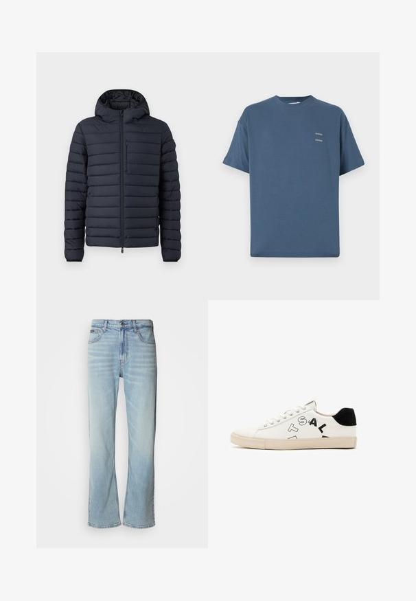 Oppustelig jakke i mørk navy, med horisontale quiltede sektioner, hætte, frontlukning med lynlås og en brystlomme med lynlås.; Blå bomulds t-shirt med klassisk rund hals, korte ærmer, afslappet pasform og to små trykte logoer på brystet. Glat tekstur.; Lyseblå denimjeans med lige ben, der har fem lommer, knaplukning og en subtil falmning på stoffet.; Hvide lædersneakers med sorte accenter ved hælen, featuring fed sort skrift på siden og en gummisål. Minimalistisk design.