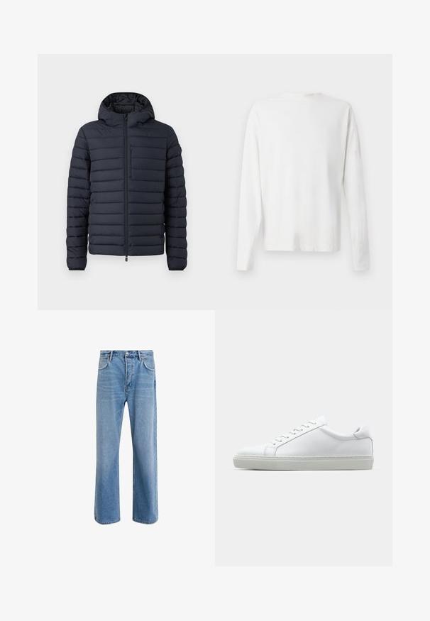 Puffjakke i mørk marineblå, med horisontale quiltede seksjoner, hette, frontlås med glidelås, og en brystlomme med glidelås.; Langermet hvit bomullsskjorte med rund hals, sidespalter nederst og en jevn tekstur, vist fra baksiden.; Lys blå denimjeans med rett ben-design, fem lommer, knappeåpning, minimal falming og kontrasterende sømdetaljer.; Hvit sneakers med en glatt skinnoverdel og lav profil. Har en rund tå, seks snøring hull, og en teksturert gummisåle.