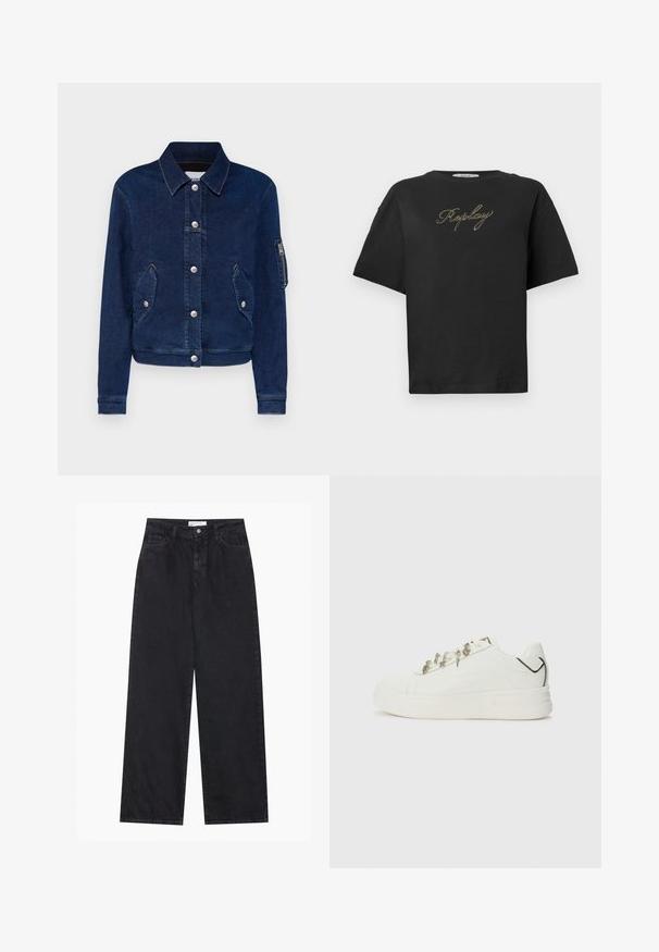 Tume sinine teksajakk koos krae kaelusega, hõbedased nööbid, kaks esikotid ja tõmbluku tasku käisel.; Musthave musthavi lühikese varrukaga must T-särk, millel on kuldne kursiivne "Replay" logo rinnal, esitatud lihtsal valgel taustal.; Mustad kõrgvööga laiad denimist teksad, millel on eesne nupp ja lukukinnis, vööaasad ning viis taskut.; Replay UNIVERSITY LUCKY - Tossud - white