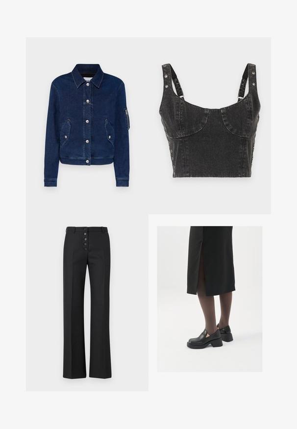 Mørkeblå denimjakke med krage, sølvfargede trykknapper, to framlommer og en glidelåslomme på armen.; Ksubi DAUPHINE BUSTIER SHADOW - Topper - black; The Kooples PANTALON - Bukse - black; Sorte lærersko med rund tå, tykk blokkheel og elastiske sideaksenter, sammen med mørke strømpebukser og et svart skjørt med splitt.