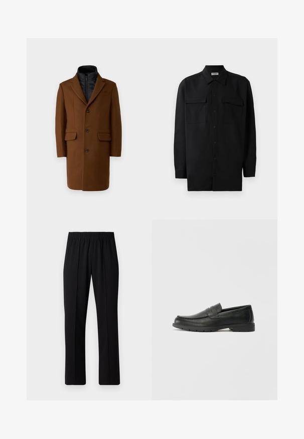 Selected Homme SLHNEW JOSEPH - Kort kåpe / frakk - camel; Svart skjorte med knapper laget av glatt stoff, med klassisk krage, to frontlommer og lange ermer med knappe mansjetter.; Svart, elastisk midjebukser med rett ben-design, med en glatt tekstur og uten synlige mønstre eller maskinvare.; Svart skinnloafers med glatt finish, mokkasin-stil overdel, broderte detaljer og gummisåle. Klassisk design med lav hæl.
