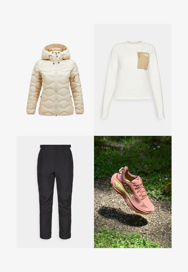 Beige pufferjakke med hætte, der har et quiltet bølgemønster, lynlåslukning foran og justerbare elementer. Blød, skinnende stofstruktur.; Hvid langærmet skjorte lavet af tekstureret stof med en beige lomme i patch-format, der har en snor og logo.; Sorte udendørsbukser lavet af letvægtsmateriale, har en glat tekstur, elastisk talje, lynlåslomme og paneldetaljer på nedre ben.; Hoka løbesko med en pink mesh-overdel og lime detaljer. Har en polstret sål, rund form og struktureret overflade for bedre greb.
