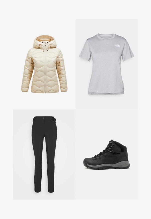 Jachetă puffer bej cu glugă, cu un model matlasat în valuri, închidere frontală cu fermoar și elemente ajustabile. Textură de material moale și lucios.; Tricou scurt cu mânecă gri, fabricat dintr-un material moale, care absoarbe umezeala. Are un guler rotund și un mic logo alb în partea stângă sus.; Pantaloni negri, ajustați, confecționați dintr-un material flexibil. Caracteristici includ un buzunar cu fermoar pe lateral, genunchi articulați și o textură netedă.; Botă de drumeție neagră cu un design mediu, având un material texturat, accente gri și o talpă din cauciuc durabilă cu crampoane pentru aderență.
