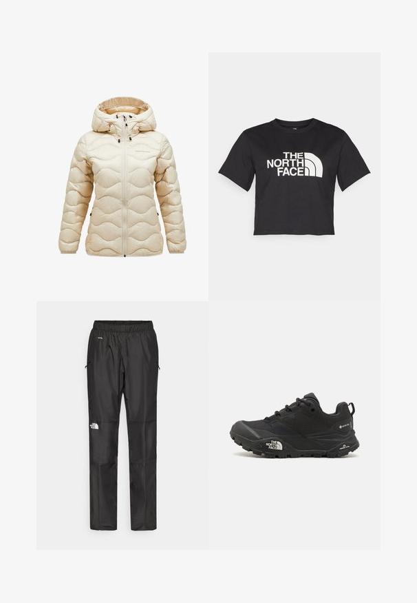 Beige pufferjack met capuchon, voorzien van een gewatteerd golfpatroon, een ritssluiting aan de voorkant en verstelbare elementen. Zachte, glanzende stoftextuur.; Zwarte cropped t-shirt gemaakt van katoen, met een wit logo met gebogen accenten en de tekst "THE NORTH FACE" op de voorkant. Korte mouwen, ronde hals.; Zwarte waterdichte broek van lichtgewicht stof, uitgerust met een elastische tailleband, zijzakken en een logo op het linkerpijp.; Zwarte wandelschoen met een gestructureerde bovenkant, vetersluiting en een stevige rubberen zool met een opvallend logo aan de zijkant en profielpatronen.