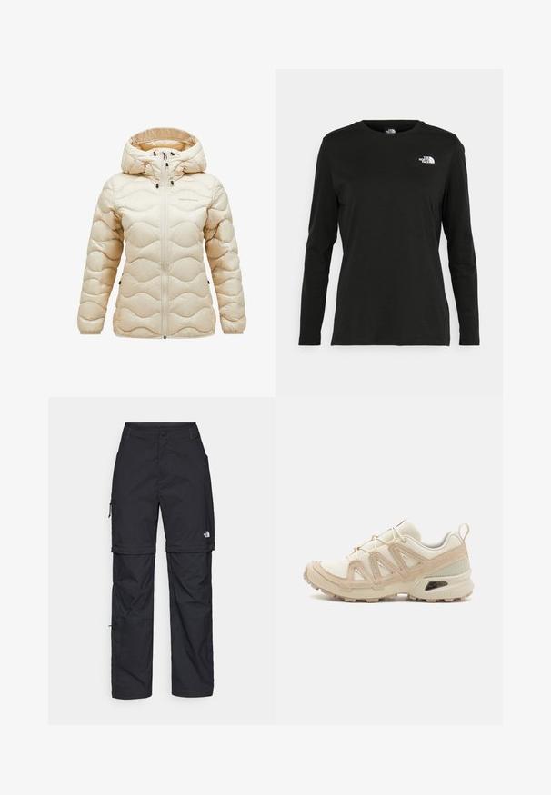 Beige pufferjakke med hette, med et quiltet bølgemønster, glidelås foran, og justerbare elementer. Myk, blank stofftekstur.; Svart langermet T-skjorte laget av bomull med rund hals. Har en liten hvit logo på venstre brystområde. Enkelt design og passform.; Svarte nylon cargo-bukser med glidelås og justerbare mansjetter, flere lommer og en logo på høyre bein. Glatt, lett tekstur.; Beige og krem joggesko med teksturert mesh-overdel, støttende overlegg og gummisåle med et mønster for godt grep.