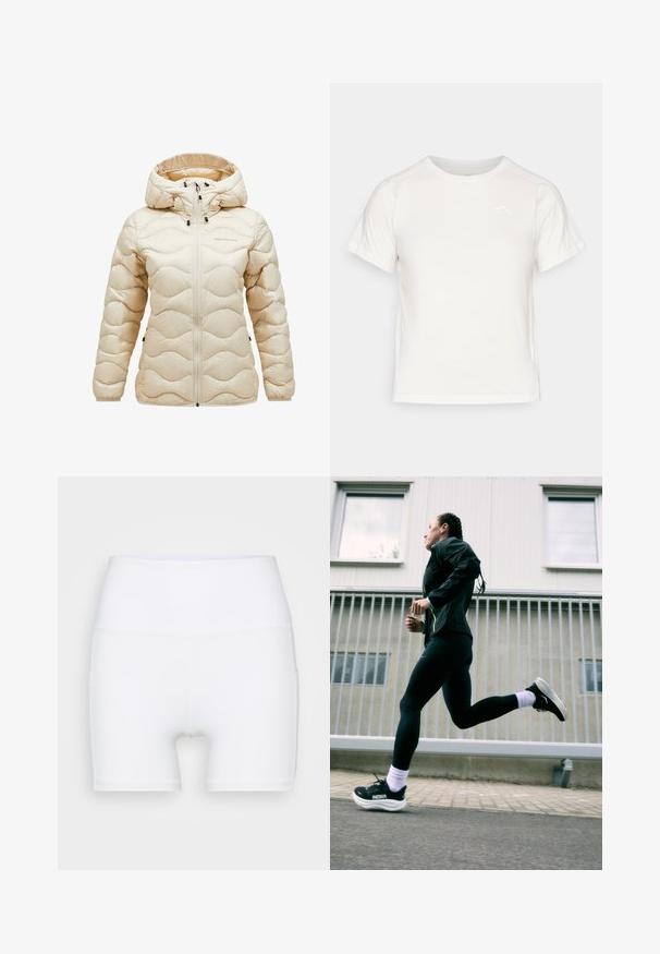 Beige pufferjakke med hætte, der har et quiltet bølgemønster, lynlåslukning foran og justerbare elementer. Blød, skinnende stofstruktur.; Let T-shirt i let hvidt med korte ærmer, rund hals og et lille logo i øverste venstre hjørne. Glat stof med en subtil glans.; Hvide højtaljede shorts lavet af strækstof. Har en glat tekstur og en tætsiddende design, uden yderligere mønstre eller hardware.; Sort atletisk jakke med neonlys, sorte leggings og sorte løbesko med hvide såler, sat mod en lys grå baggrund.