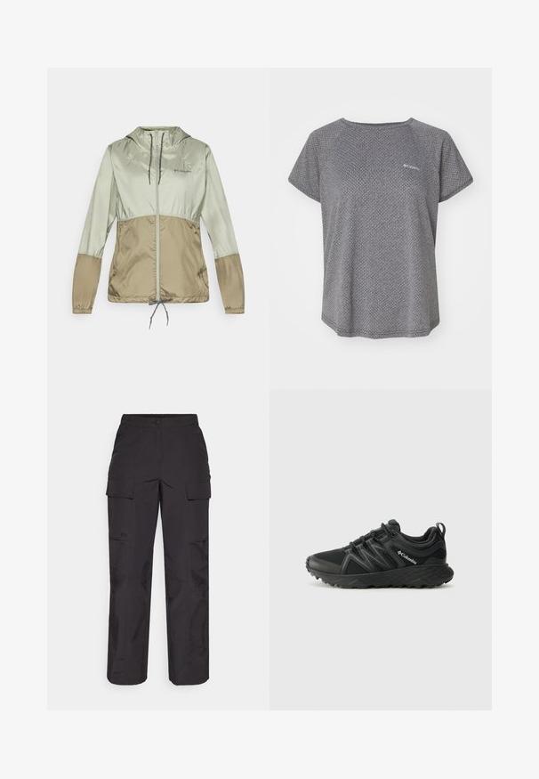 Giacca leggera con cappuccio in sfumature di verde chiaro e tan, dotata di polsini elasticizzati, zip frontale e cordino regolabile all'orlo.; Maglietta grigia a maniche corte con un sottile motivo testurizzato, scollatura rotonda e logo Columbia sul petto. Tessuto morbido, vestibilità rilassata.; Pantaloni cargo neri realizzati in tessuto resistente, caratterizzati da molteplici tasche laterali, chiusura con bottone e vestibilità ampia con gambe dritte.; Columbia PEAKFREAK - Scarpa da hiking - black