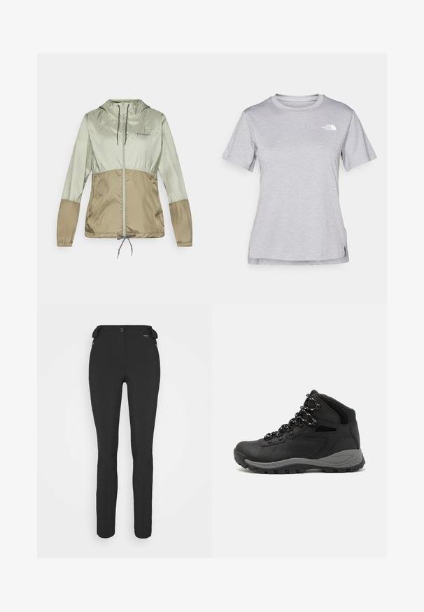 Chaqueta ligera con capucha en tonos verde pálido y marrón, con puños elásticos, cierre frontal con cremallera y cordón ajustable en el dobladillo.; Camiseta gris de manga corta hecha de una suave tela que absorbe la humedad. Presenta un cuello redondo y un pequeño logotipo blanco en la parte superior izquierda.; Pantalones negros ajustados hechos de un material flexible. Las características incluyen un bolsillo lateral con cremallera, rodillas articuladas y una textura suave.; Bota de senderismo negra con un diseño de medio caña, que cuenta con una parte superior texturizada, acentos grises y una suela de goma duradera con tacos de tracción.