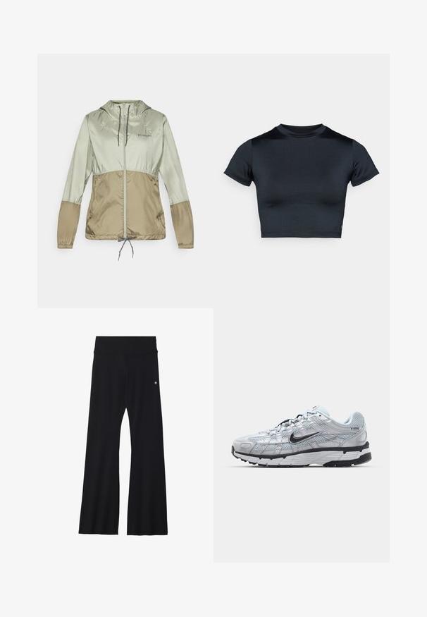 Leichte Kapuzenjacke in zartgrün und braun, mit elastischen Bündchen, einem Frontreißverschluss und verstellbarem Kordelzug am Saum.; Kurzärmeliges, bauchfreies Top in Dunkelblau, hergestellt aus glattem, elastischem Stoff. Verfügt über einen runden Ausschnitt und minimale Nahtdetails. Keine sichtbaren Logos.; Schwarze ausgestellte Hose aus elastischem Material, mit breitem Bund und kleinem Logo an der Hüfte. Glatte Textur und ganzlanger Schnitt.; Nike P-6000 Sneakers mit einem Obermaterial aus leichtem grauem Mesh, schwarzen Akzenten und einer langlebigen schwarzen Gummisohle. Verfügt über ein komplexes Design und ein Schnürsystem.