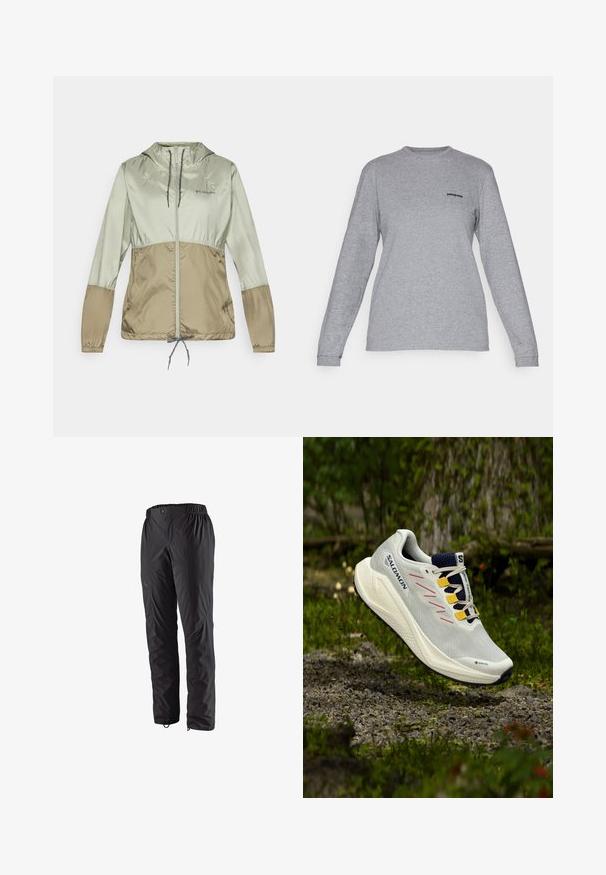 Kevyt hupparijakku vaaleanvihreissä ja tan-värisissä sävyissä, jossa on joustavat hihat, etuvetoketju ja säädettävä nauha helmassa.; Patagonia LOGO RESPONSIBILI-TEE - Pitkähihainen paita - gravel heather; Mustat vedenpitävät housut, joissa on joustava vyötärö, sivutaskut vetoketjulla, kapenevat lahkeet ja sileä rakenne. Sopivat ulkoilmaaktiviteetteihin.; Valkoiset juoksukengät, joissa on harmaita ja vaaleanpunaisia yksityiskohtia, GORE-TEX -brändäys, verkkopintainen yläosa ja teksturoitu pohja, suunniteltu ulkoilmaan.