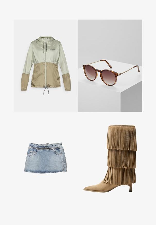 Lichte hoody-jack in lichtgroene en tan tinten, met elastische manchetten, een voorrits en een verstelbare trekkoord aan de onderrand.; Twee tanktops: de ene in donkerbruin met ribbelstructuur en brede banden, de andere in gebroken wit, van gladde stof met een vergelijkbaar ontwerp.; Blauwe denim mini-jurk met een nauwsluitende tailleband, riemlussen en een paar voorzakken. Heeft een ruwe zoom en een vervaagde textuur met stikselaccenten.; Franje enkellaars in tan suède met drie gelaagde franjes. V pointed toe en een lage blokhak. Gladde textuur overal.; Schildpadbril met een gradient lens en dunne gouden metalen accenten. Beschikt over ronde monturen en slanke arms voor een moderne uitstraling.; Gouden creolen met een gladde, gepolijste oppervlakte, voorzien van een scharnierluiting en een rond, langwerpig ontwerp.