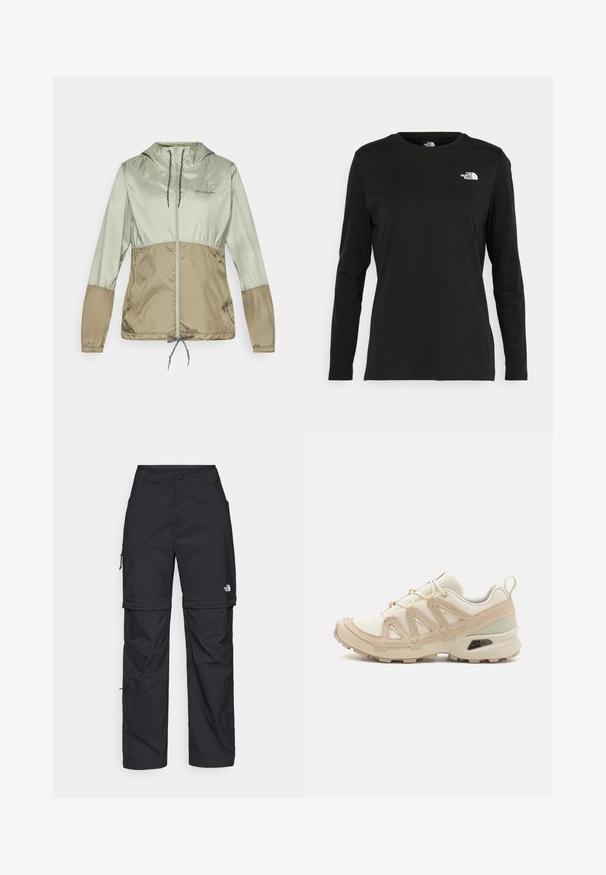 Letvægts hættetrøje i lysegrønne og beige nuancer, med elastiske manchetter, frontlynlås og justerbar snor i kanten.; Sort langærmet t-shirt lavet af bomuld med rund hals. Har et lille hvidt logo på venstre brystområde. Enkel design og pasform.; Sorte nylon cargo bukser med lynlås, justerbare manchetter, flere lommer og et logo på højre ben. Glat, let tekstur.; Beige og creme atletiksko med struktureret mesh-overdel, støttende overlays og gummiyderside med et mønster for trækkraft.