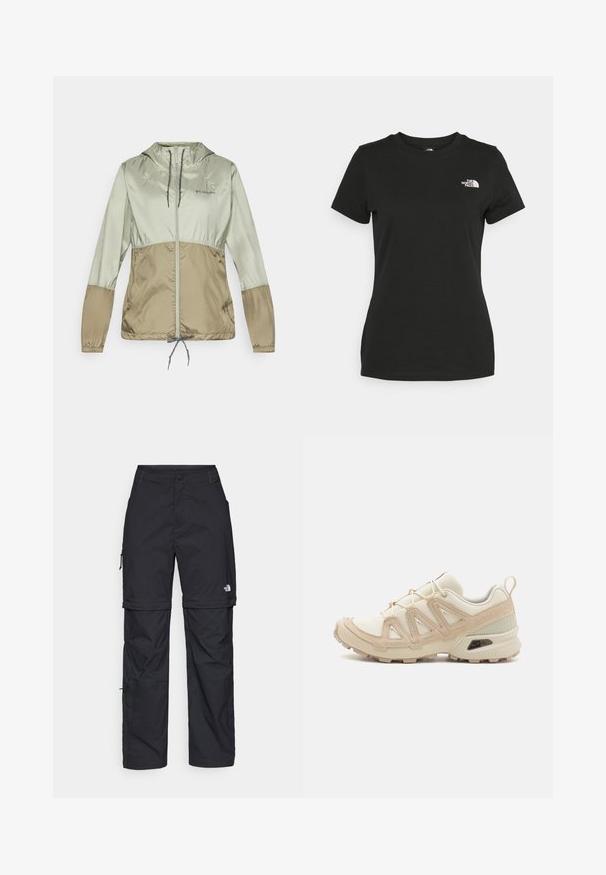 Lengvas gobtuvėlis šviesiai žaliai ir rusvai atspalvių, su elastiniais rankogaliais, priekyje užtrauktuku ir reguliuojamu raiščiu apačioje.; Juodas medvilninis marškinėliai su apvalia apykakle ir trumpomis rankovėmis. Išskirtinis baltas logotipas viršutinėje kairėje pusėje. Sklandus tekstūra, laisvas pritaikymas.; Juodos nailoninės krovinių kelnės su reguliuojamais rankovėmis, daugybe kišenių ir logo ant dešinės kojos. Lygi, lengva tekstūra.; Bežinės ir kreminės spalvos sportinės bateliai su tekstūruoto tinklelio viršutine dalimi, palaikančiomis detalėmis ir guminiais padais, turinčiais raštą, užtikrinantį sukibimą.