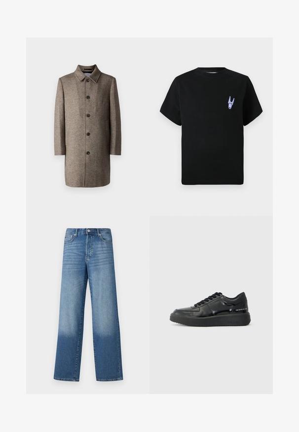 Brūns vilnas mētelis ar apkakli, sešiem priekšējiem pogām un divām sānu kabatām. Herringbone raksts ar taisnas griezuma dizainu.; Melnas kokvilnas T-krekls ar īsām piedurknēm, ar mazu purpursarkanu grafiku kreisajā krūtīs. Vienkārša, kastes formas dizains.; Zilas augstās jostasvietas taisnas kāju džinsas ar nodilumu uz augšstilbiem un tumšāku nokrāsu pie apakšmalām, redzami priekšējie pogas un kabatas.; Melni ādas kedas ar gludu apdari, apaļu purngalu un kontrastējošu melnu gumijas zoli. Iespējas iespiežamās auklas un zīmols sānos.