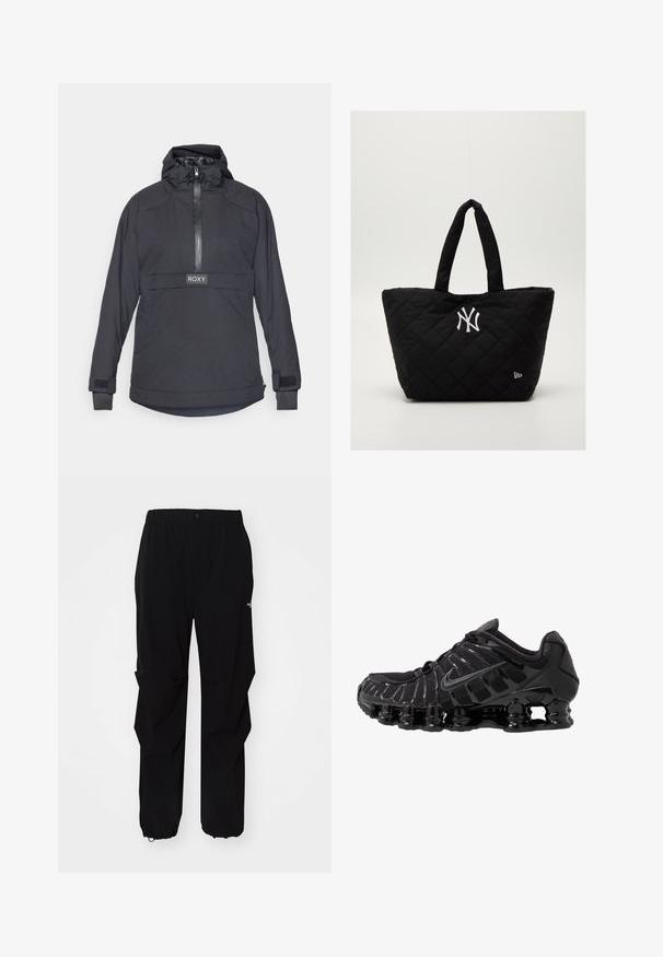 Schwarze gesteppte Pulloverjacke mit hohem Kragen, Reißverschluss und verstellbarem Kordelzug in der Kapuze. Mit Roxy-Logo und Klettverschlussmanschetten.; Schwarzes langärmliges Sportoberteil mit halbem Reißverschluss, Kragen, reflektierendem Nike-Logo und Flachnähte für Komfort und eine enge Passform.; Schwarze Outdoor-Hosen aus langlebigem Material, mit lockerer Passform, elastischem Bund und verstellbaren Bündchen für variable Längen.; Schwarzer Sportschuh mit Mesh-Obermaterial und glänzenden Überzügen. Verfügt über eine geschwungene Spiraldämpfung und strukturierte Linien an der Seite. Nike-Logo sichtbar.; Gepolsterte schwarze Tragetasche mit doppelten Griffen, mit einem weißen Logo der New York Yankees und einem kleinen Markensymbol an der Seite.