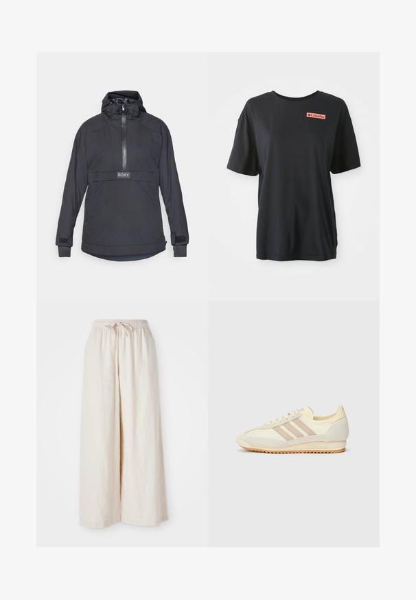 Svart quilted pullover-jakke med høy hals, glidelås og justerbar snøring i hetta. Har Roxy-logo og borrelås mansjetter.; Svart bomulls T-skjorte med korte ermer, avslappet passform og en rød rektangulær logo på venstre bryst. Jevn tekstur og enkelt design.; Bredde ben, kremfargede bukser med elastisk midje og snor. Glatt, lett lin-stoff, uten synlige mønstre eller hardware.; Kremfargede joggesko med tre beige striper, laget av semsket skinn og tekstilmaterialer, med en teksturert såle og preget merkevare på hælen.