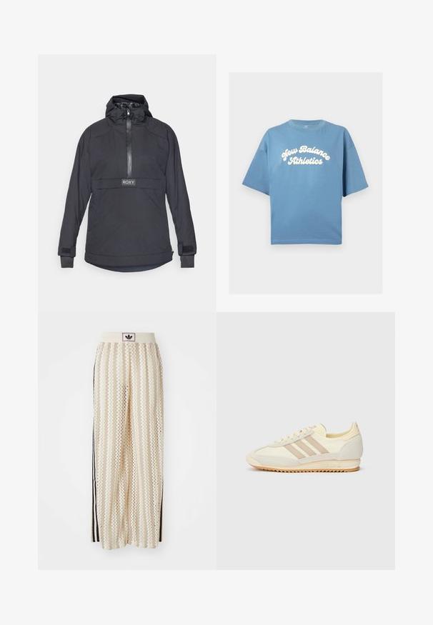 Čierna prešívaná pulóverová bunda s vysokým golierom, zipsom a nastaviteľnou šnúrkou na kapucni. Obsahuje logo Roxy a suchý zips na manžetách.; Modrá bavlnená tričko s voľným strihom, krátkymi rukávmi a okrúhlym výstrihom. Biele logo "New Balance Athletics" tlačené v strede.; Béžové nohavice s širokými nohavicami a zigzagovými vzormi, s čiernym logom na páse a bočnými čiernymi pruhmi. Ľahká, textúrovaná látka.; Krémové športové tenisky s tromi béžovými pruhmi, z kombinácie semišu a textilného materiálu, so štruktúrovanou podrážkou a reliéfne navrhnutým logom na päte.