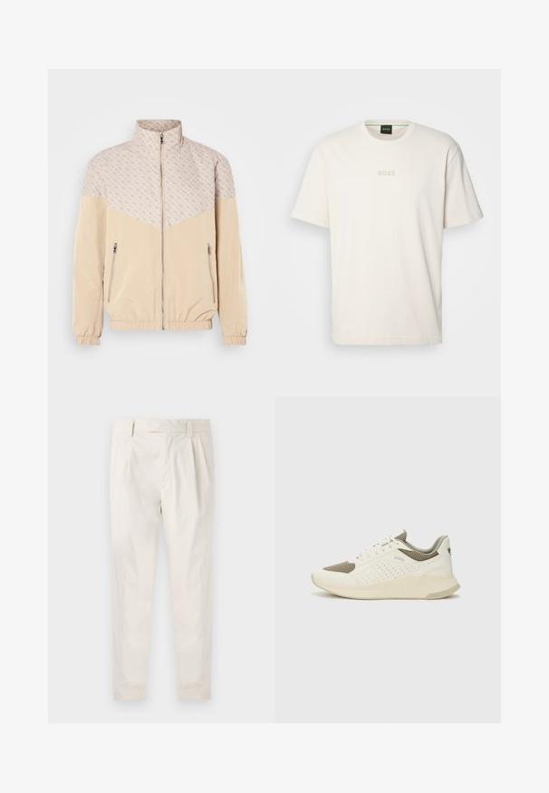 Beige vējjaka ar rakstainu augšējo daļu. Iezīmē stāvošo apkakli, priekšējo rāvējslēdzēju un elastīgām piedurknēm. Divas sānu kabatas ar rāvējslēdzējiem.; BOSS TEE - Pamata T-krekls - open white; Baltas, pleitēts bikses ar piegriezumu, kas pielāgots figūrai, ar gludu tekstūru, jostas cilpām un sašaurinātiem galiem. Nav redzamu kabatu vai rakstu.; Baltas un gaiši bež sporta apavi, ar sieta augšdaļu, perforētiem detaļām un teksturētu vidusdaļu ar zīmolu uz papēža.